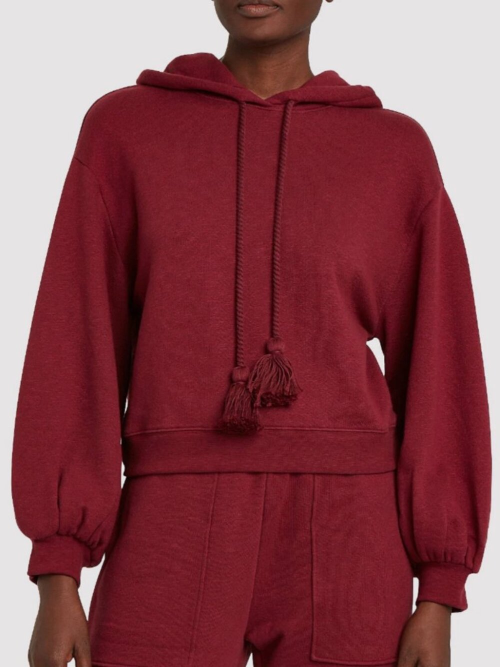 Ulla Johnson Mel Hoodie P 0 Red Bordeaux Cotton Cropped Pullover Sweater Tassle